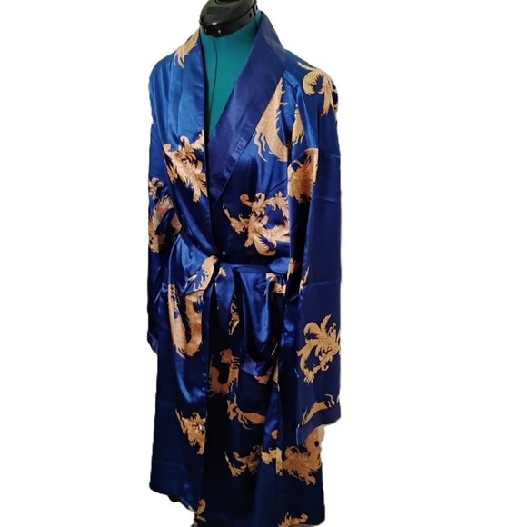 Men's Kimono Blue Robe Gold Dragon Print - Picture 4 of 10